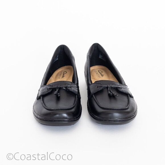 Clarks Women's Cora Haley Loafer Black Leather 7.5 Sleek Comfort Preppy Office - Picture 7 of 12